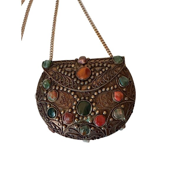 Vintage Sajai inlaid natural agate stones gems metal evening purse from India - Picture 3 of 12